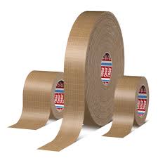 three rolls of tesa reinforced paper tape with fiberglass backing on white background