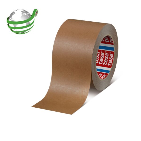 brown tesa paper packing tape roll partially unrolled with green eco logo on white background