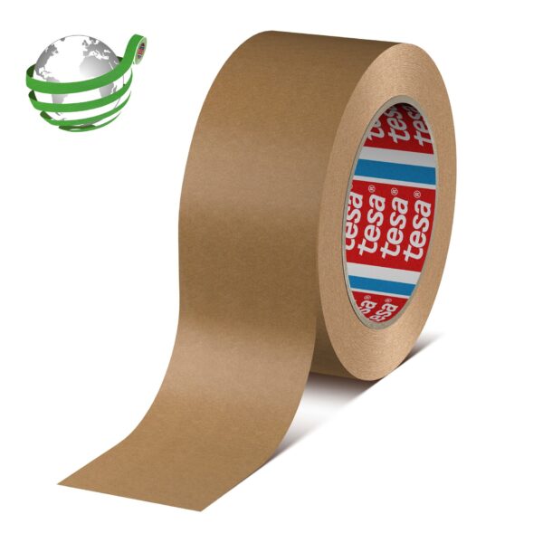 brown tesa paper packaging tape roll standing upright on white background with eco logo
