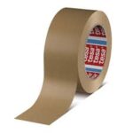 brown tesa paper packaging tape roll with branded core isolated on white background