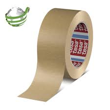 brown tesa 4713 paper tape roll with partially unrolled strip on white background