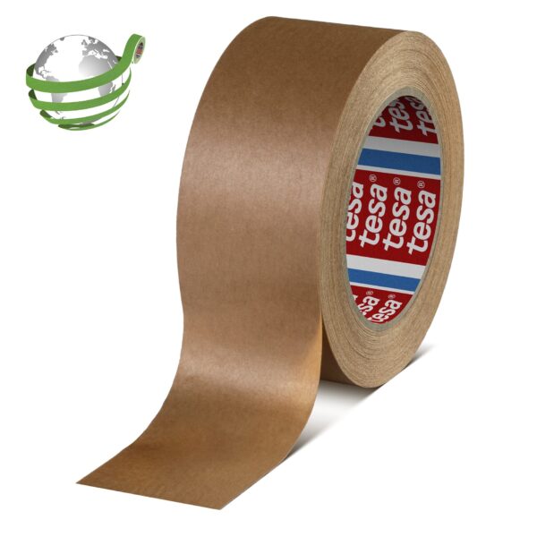brown tesa bio-based paper packaging tape roll partially unrolled on white background